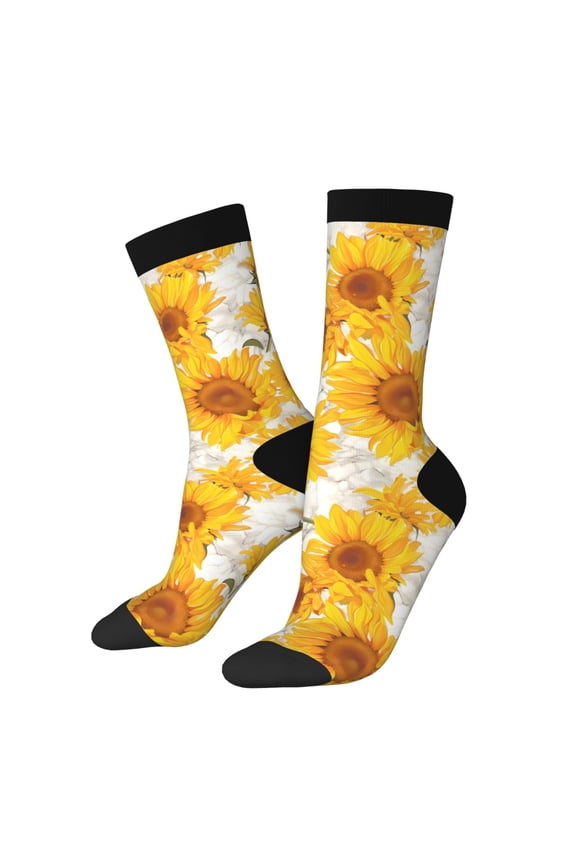 White Marble Pattern Sunflower Print Adult Socks for Men & Women,Calf Socks, Ankle Socks,Boots Socks,Breathable Casual Sock,Unisex Crew Socks