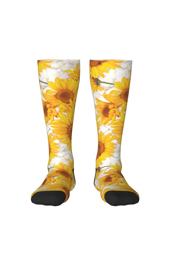 White Marble Pattern Sunflower Print Gift Stocking Stuffers,Adult Stockings,Novelty Socks,Funny Socks Birthday Running Walking Sleeping