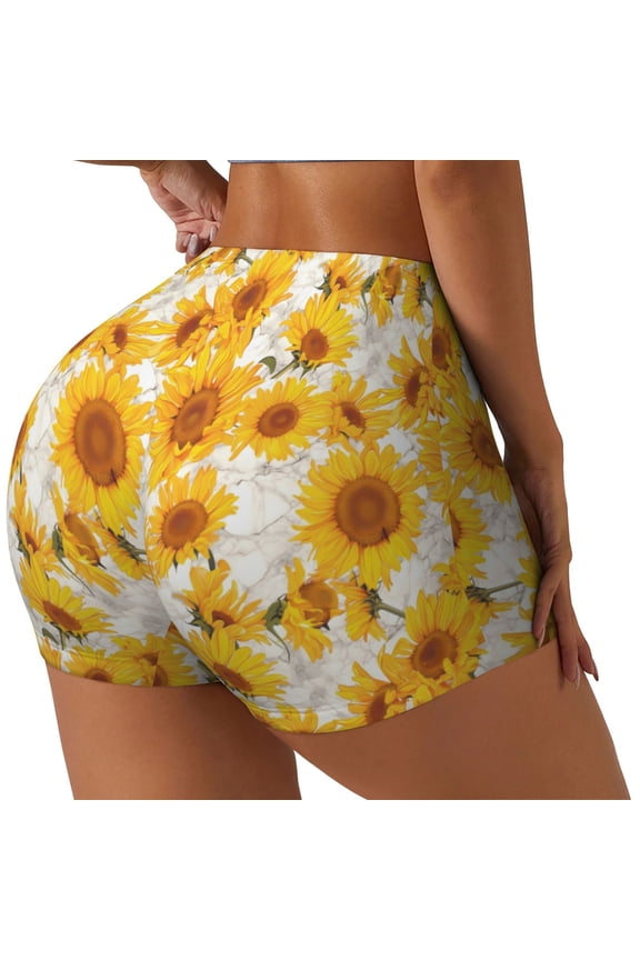 White Marble Pattern Sunflower Print Women's Biker Shorts,Workout Gym Shorts,Scrunch Shorts,Tummy Control Hidden Scrunch Running Yoga Shorts-