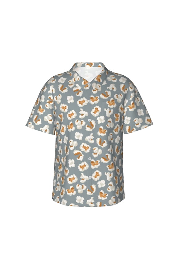 White Popcorn Print Mens Hawaiian Shirts,Loose-Fit Short Sleeve Button Down Tropical Aloha Beach Shirt,Summer Vacation Wedding Tops,Medium