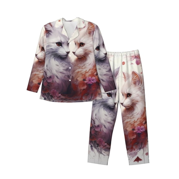 Logiee White Red Cat Couple Print Mens Long Sleeve Pajama Set,Notched Collar Pajamas for Men, Men's Sleepwear,Mens Sleepwear with Pockets & Button Down-XX-Large