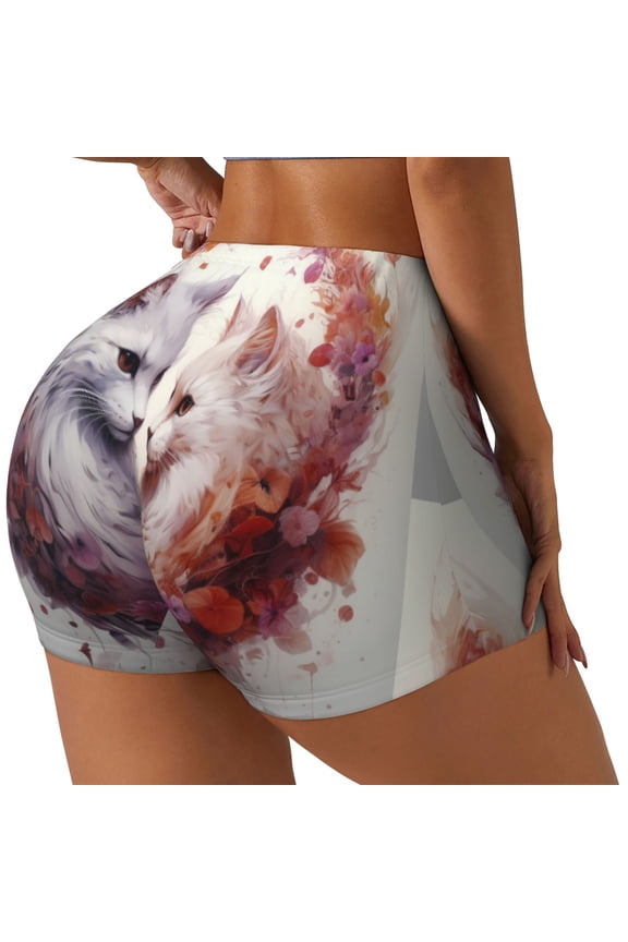 White Red Cat Couple Print Women's Biker Shorts,Workout Gym Shorts,Scrunch Shorts,Tummy Control Hidden Scrunch Running Yoga Shorts-XX-Large