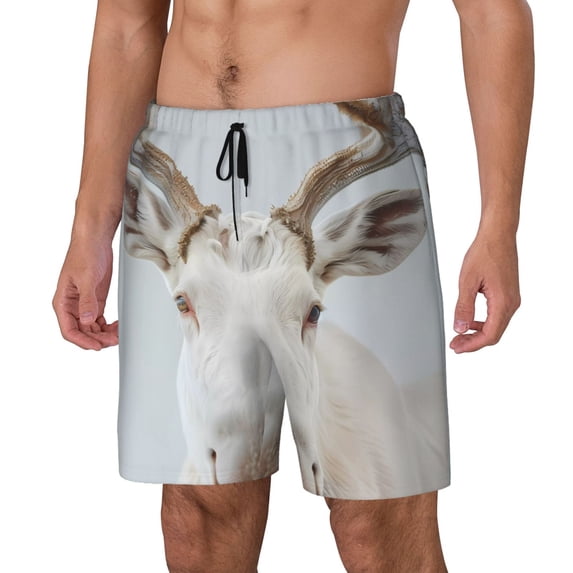 Logiee White Reindeer Portrait Print Men's Swim Trunk,Quick Dry Board Shorts ,Men's Swim Trunks with Compression Liner, Bathing Suits with Pockets-Large