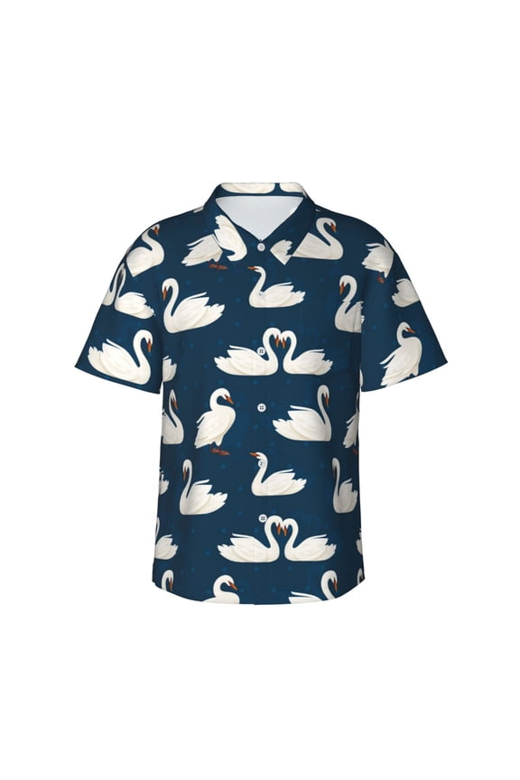 White Swam Print Mens Hawaiian Shirts,Loose-Fit Short Sleeve Button Down Tropical Aloha Beach Shirt,Summer Vacation Wedding Tops,XX-Large