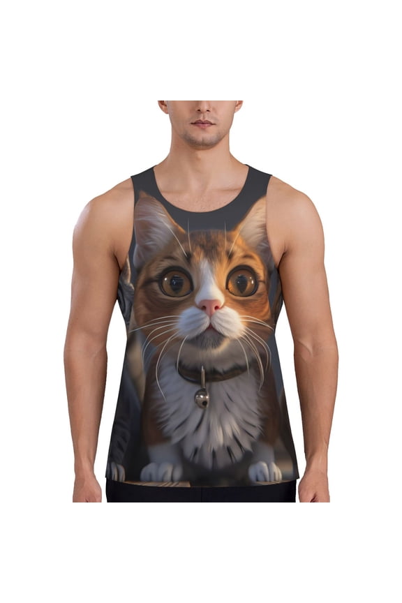 Wide Eyed Cartoon Cats Print Men's Workout Tank Top,Quick Dry Workout Tank Top,Gym Muscle Tee,Fitness Bodybuilding Sleeveless T Shirt-X-Large