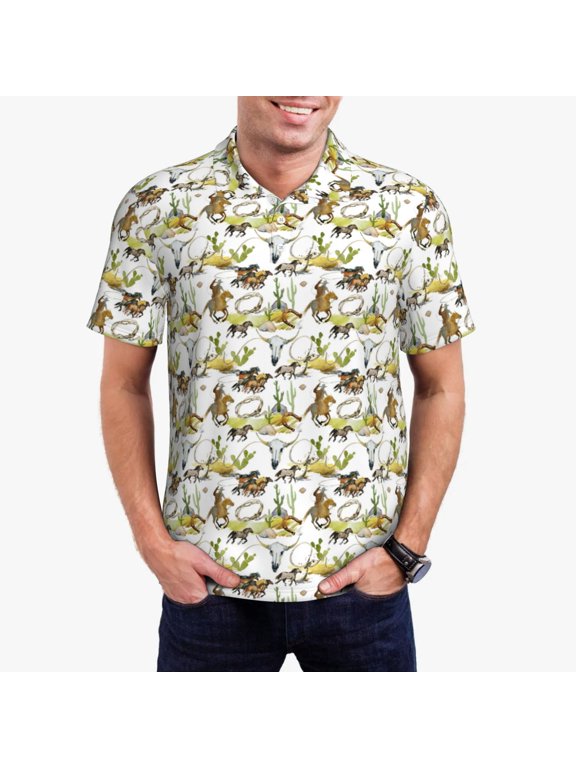 Wild West Western Print Mens Polo Shirts,Mens Golf Polo Shirts,Short Sleeve Casual Polo Shirts for Men,Summer Fashion Beach Shirts-Small