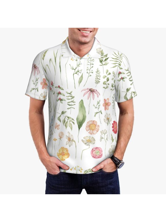 Wildflower Watercolor 2 Print Mens Polo Shirts,Mens Golf Polo Shirts,Short Sleeve Casual Polo Shirts for Men,Summer Fashion Beach Shirts-4X-Large
