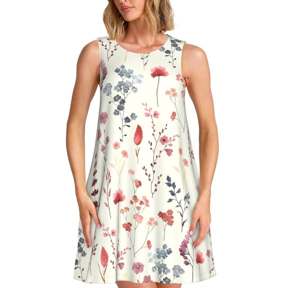 Logiee Wildflower Watercolor 3 Print Summer Dresses for Women,Beach Sleeveless Flowy Pocket Tshirt Tank Sundresses,Women's Sleeveless Dress