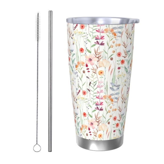 Logiee Wildflower Watercolor 4 Print 20OZ Car Cup with Lid, Stainless Steel Vacuum Insulated Double Wall Travel Tumbler, Durable Insulated Coffee Mug,Thermal Cup with Straw-Straw Two-piece Set