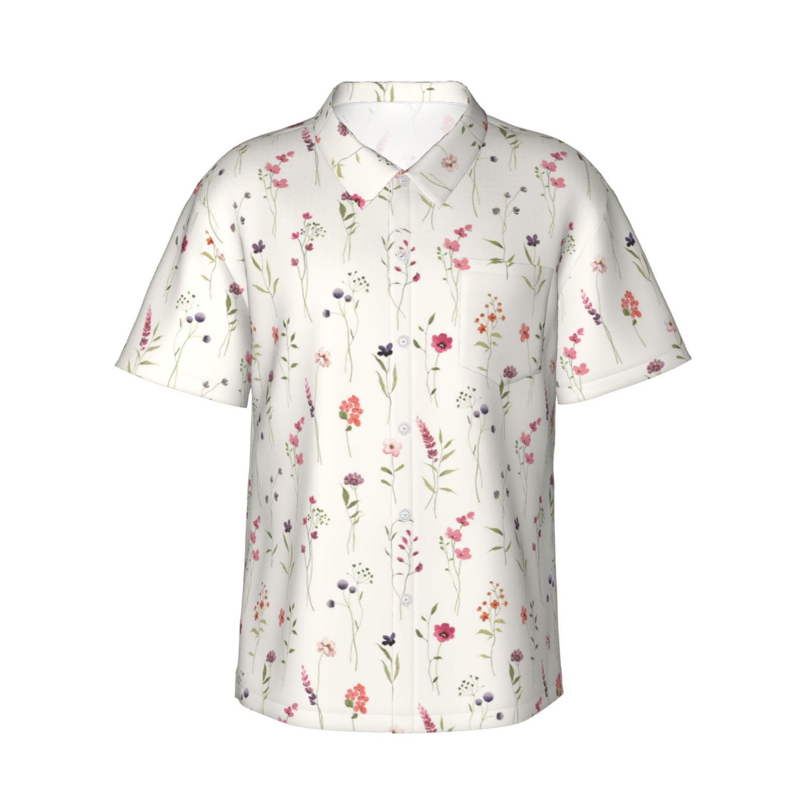 Logiee Wildflower Watercolor Print Mens Hawaiian Shirts,Loose-Fit Short Sleeve Button Down Tropical Aloha Beach Shirt,Summer Vacation Wedding Tops,Medium