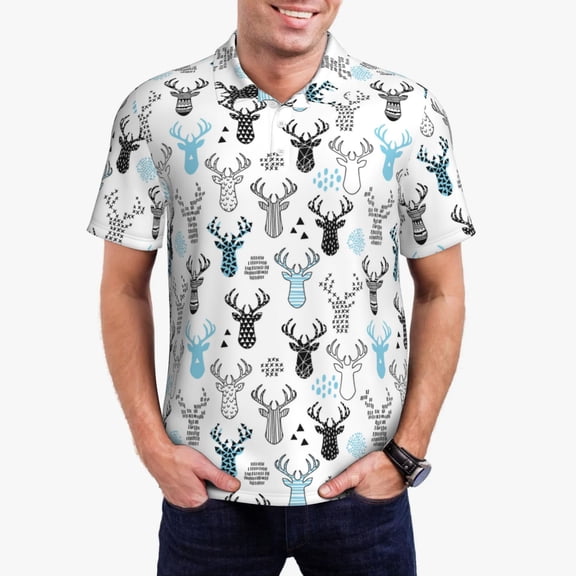 Logiee Winter Art Blue and Black Moose Print Mens Polo Shirts,Mens Golf Polo Shirts,Short Sleeve Casual Polo Shirts for Men,Summer Fashion Beach Shirts-Medium