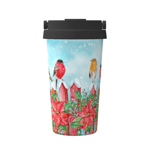 Logiee Winter Birds on the Fence Print Stainless Steel Coffee Tumbler, Travel Coffee Mug, Insulated Coffee Mug with Lid, Spill Proof Coffee Cup, Portable Thermal Mug