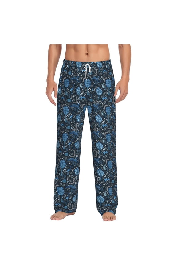 Winter Blue Forest Deer Print Pajama Pants for Men,Men’s Pajama Bottoms,Mens PJ Pants with Pockets & Button Fly-Medium