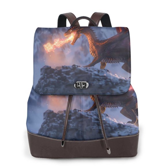 Gaeub Winter Fire Dragon Print Women's Leather Backpack,Travel Laptop Backpack,Fashion Ladies Leather Backpack Bag for Travel,Leather Drawstring Daypack for Me