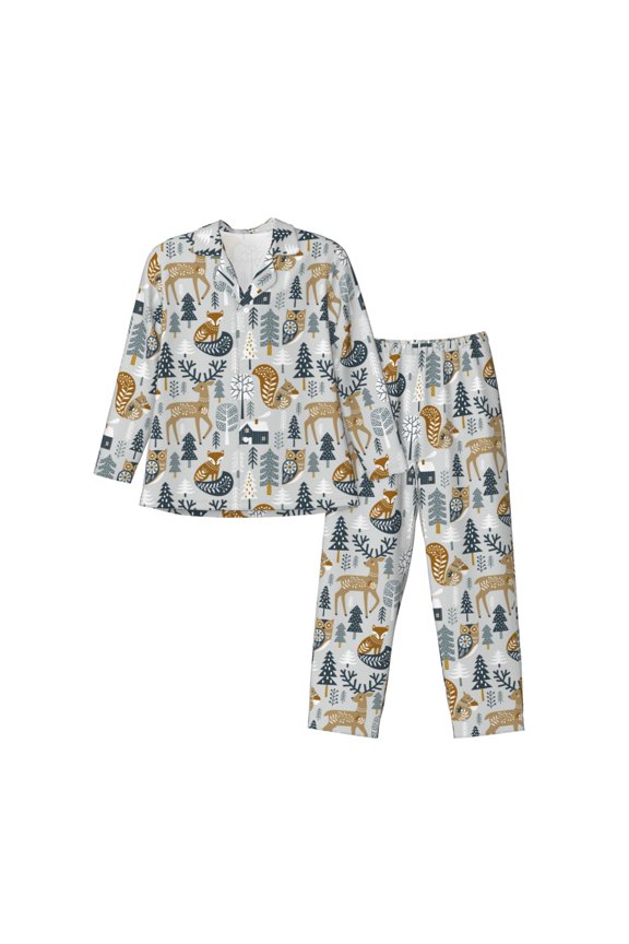 Winter Forest Animals Print Mens Long Sleeve Pajama Set,Notched Collar Pajamas for Men, Men's Sleepwear,Mens Sleepwear with Pockets & Button Down-Large