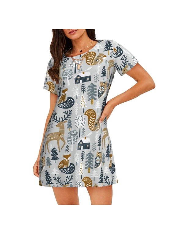 Winter Forest Animals Print Nightgowns for Women,Soft Short-Sleeved Lightweight Sleepwear, Loose Sleepshirts