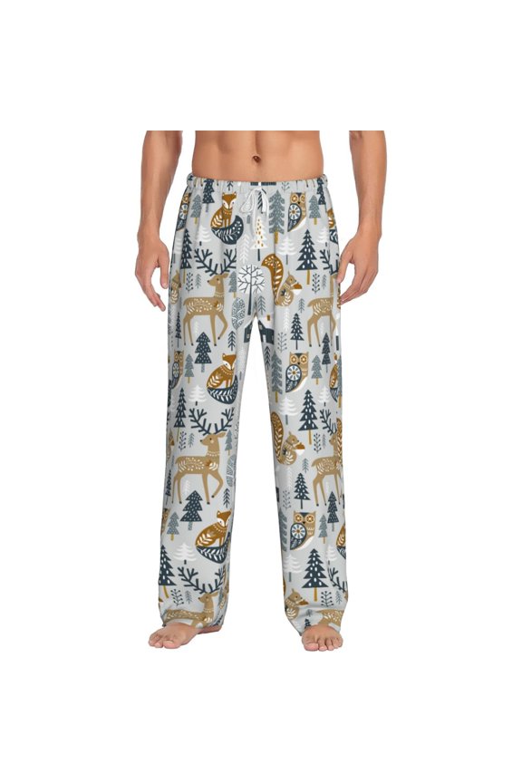 Winter Forest Animals Print Pajama Pants for Men,Men’s Pajama Bottoms,Mens PJ Pants with Pockets & Button Fly-XX-Large