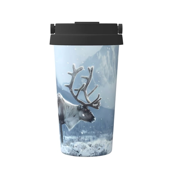 Logiee Winter Reindeer In Snowy Mountains Print Stainless Steel Coffee Tumbler, Travel Coffee Mug, Insulated Coffee Mug with Lid, Spill Proof Coffee Cup, Portable Thermal Mug