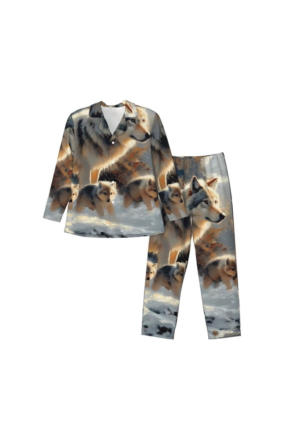Wolf Family Winter Wonderland Print Mens Long Sleeve Pajama Set,Notched Collar Pajamas for Men, Men's Sleepwear,Mens Sleepwear with Pockets & Button Down-Medium