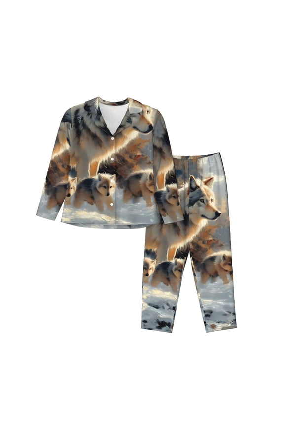 Wolf Family Winter Wonderland Print Womens Pajamas Set,Long Sleeve Sleepwear,Button Down Lounge Set 2 Pieces,Soft Nightwear Pjs Set-Large