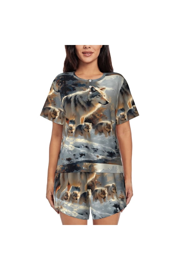 Wolf Family Winter Wonderland Print Womens Pajamas Set,Short-Sleeve Pajama 2 Piece Sleepwear with Pockets-Medium
