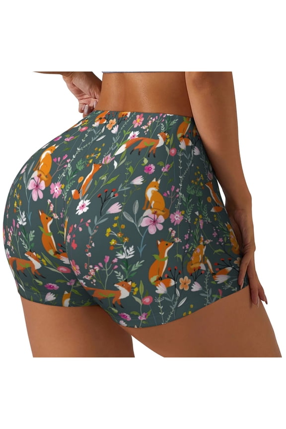 Wolf Fox In Flower Forest Print Women's Biker Shorts,Workout Gym Shorts,Scrunch Shorts,Tummy Control Hidden Scrunch Running Yoga Shorts-Medium