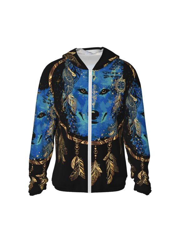 Wolf Head And Dreamcatcher Print Men's Women Light Jacket Full Zip Sun Protection Hoodie Long Sleeve Sun Shirts for Men Hiking Fishing Zip Pockets-Large