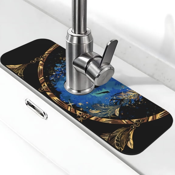 Logiee Wolf Head And Dreamcatcher Print Kitchen Sink Splash Guard Faucet Mat for Splash Guard Behind Faucet Drip Catcher for Kitchen,Bathroom,Sink Mat,Dish Drying Mat,Bathroom-15" X 5.5"
