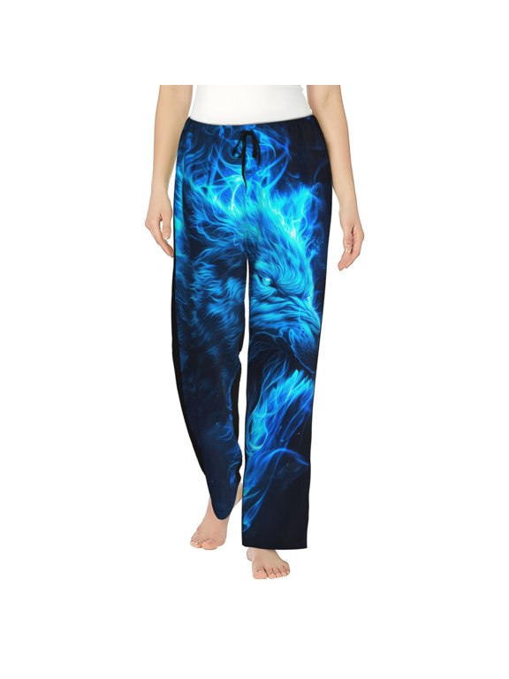 Wolf Print Women Pajama Pants,Comfy Pj Bottom with Pockets & Drawstring,Stretch Casual Sleepwear-Medium