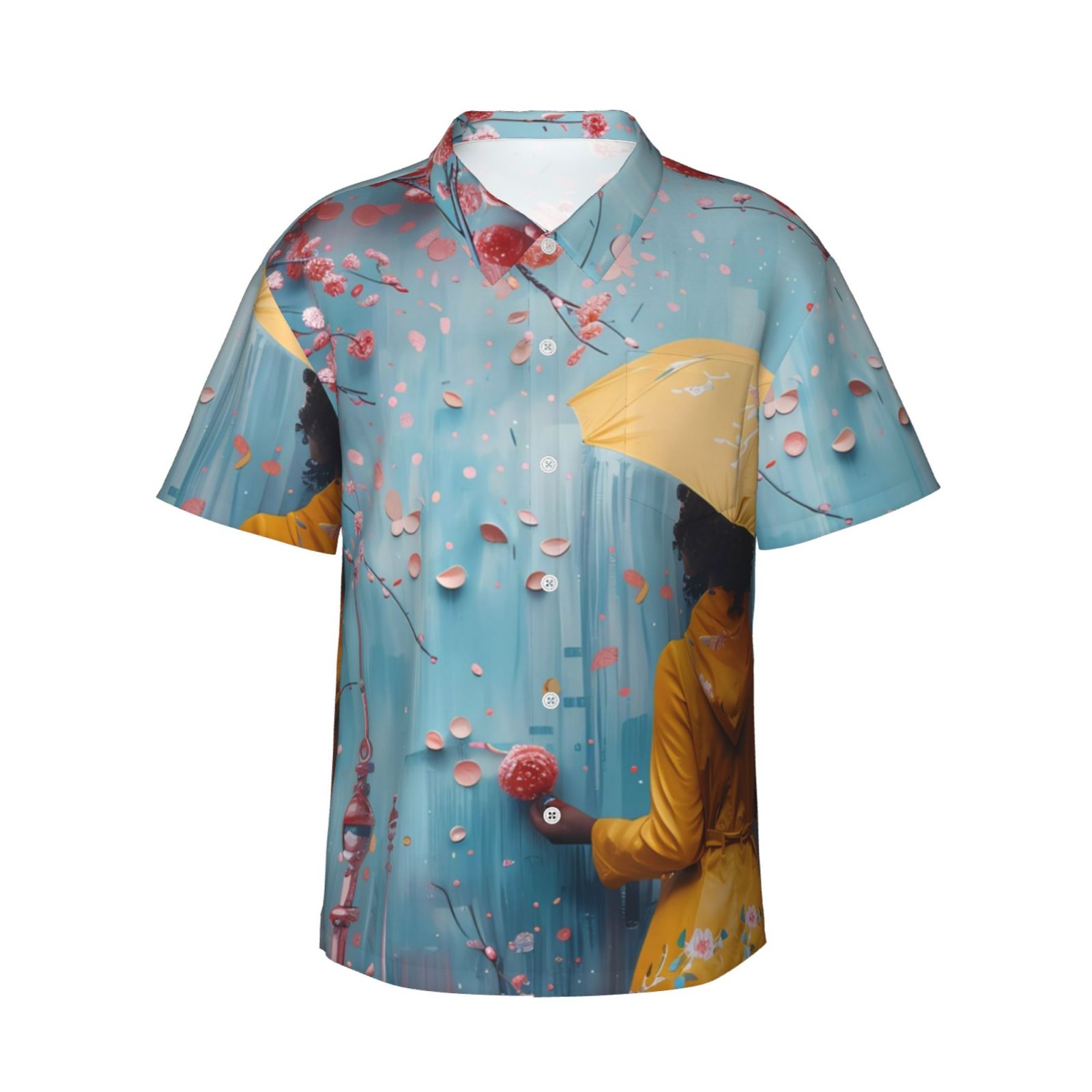 Logiee Woman Under Blossoming Tree Print Mens Hawaiian Shirts,Loose-Fit Short Sleeve Button Down Tropical Aloha Beach Shirt,Summer Vacation Wedding Tops,Large