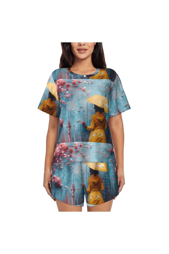 Woman Under Blossoming Tree Print Womens Pajamas Set,Short-Sleeve Pajama 2 Piece Sleepwear with Pockets-Small