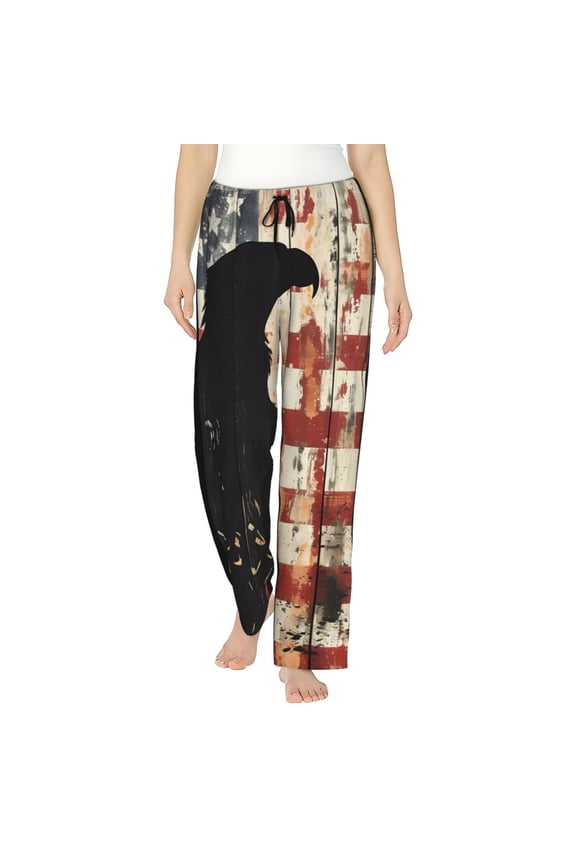 Wood Grain Bald Eagle Print Women Pajama Pants,Comfy Pj Bottom with Pockets & Drawstring,Stretch Casual Sleepwear-Large