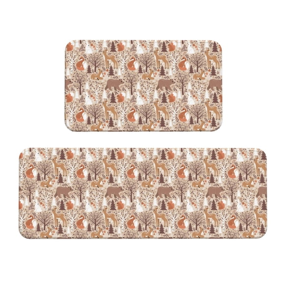Logiee Woodland Animals in Neutral Tones Print Kitchen Mats for Floor Sets of 2,Waterproof Kitchen Rugs,Non Slip Comfort Standing Mat Rug for Home,Runner,Sink,Office,Laundry