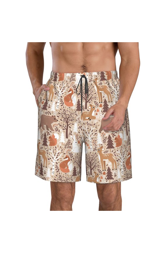 Woodland Animals in Neutral Tones Print Mens Swim Trunks Quick Dry Board Shorts,Breathable Hawaii Beach Shorts Swimwear Bathing Suits-XX-Large