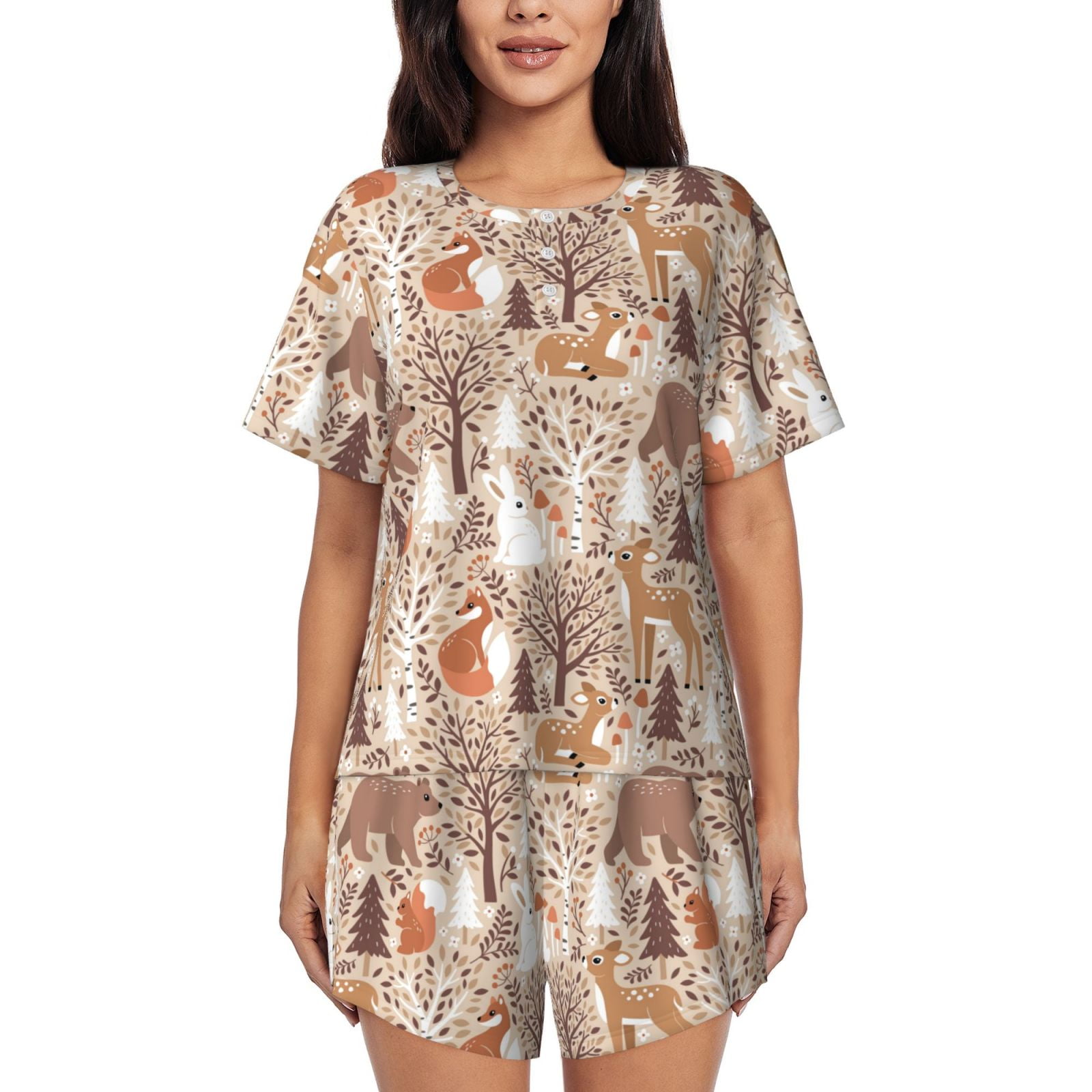 Logiee Woodland Animals in Neutral Tones Print Womens Pajamas Set,Short ...