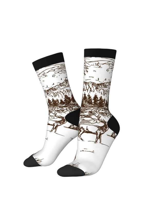 Woodland Forest With Deers Print Adult Socks for Men & Women,Calf Socks, Ankle Socks,Boots Socks,Breathable Casual Sock,Unisex Crew Socks