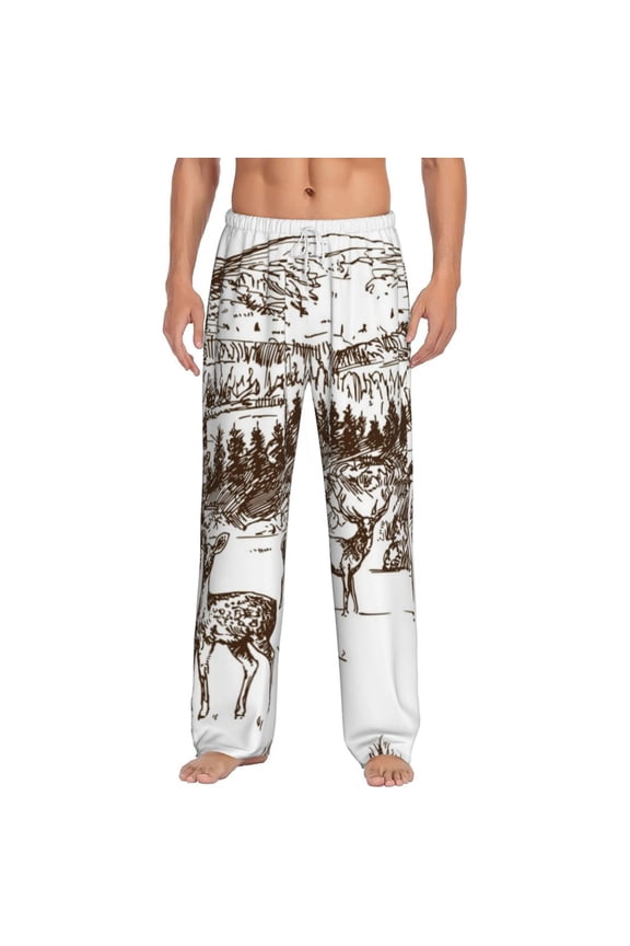 Woodland Forest With Deers Print Pajama Pants for Men,Men’s Pajama Bottoms,Mens PJ Pants with Pockets & Button Fly-Medium