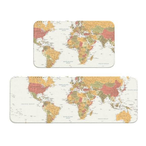 Logiee World Map 1 Print Kitchen Mats for Floor Sets of 2,Waterproof Kitchen Rugs,Non Slip Comfort Standing Mat Rug for Home,Runner,Sink,Office,Laundry