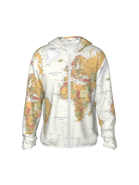 World Map 1 Print Men's Women Light Jacket Full Zip Sun Protection Hoodie Long Sleeve Sun Shirts for Men Hiking Fishing Zip Pockets-Large