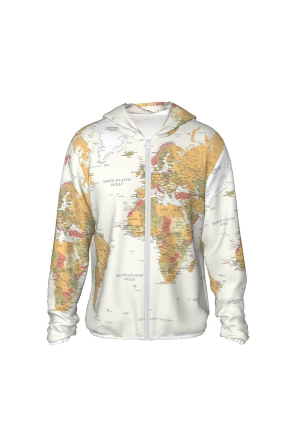 World Map 1 Print Men's Women Light Jacket Full Zip Sun Protection Hoodie Long Sleeve Sun Shirts for Men Hiking Fishing Zip Pockets-Large