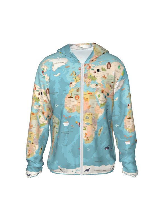 World Map With Animals 1 Print Men's Women Light Jacket Full Zip Sun Protection Hoodie Long Sleeve Sun Shirts for Men Hiking Fishing Zip Pockets-XX-Large