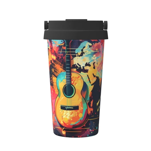 Logiee World Map Guitar Illustration Print Stainless Steel Coffee Tumbler, Travel Coffee Mug, Insulated Coffee Mug with Lid, Spill Proof Coffee Cup, Portable Thermal Mug
