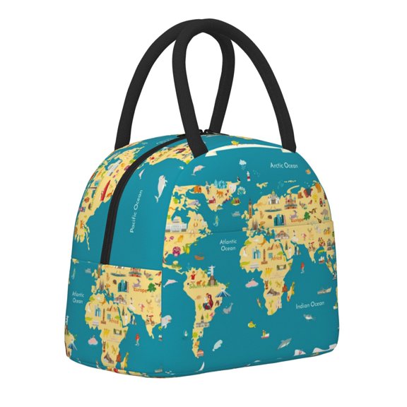 Logiee World Map With Landmarks Print Lunch Bag for Women & Men,Adult Insulated Lunch Box,Food Lunch Containers,Reusable High Capacity Lunch Tote Bags for Work, Travel, Outdoor