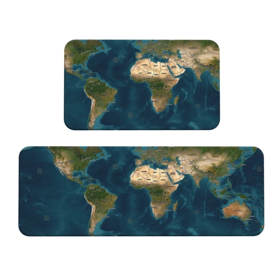 Logiee World Map Print Kitchen Mats for Floor Sets of 2,Waterproof Kitchen Rugs,Non Slip Comfort Standing Mat Rug for Home,Runner,Sink,Office,Laundry