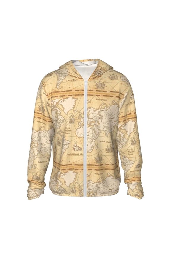 World Map Print Men's Women Light Jacket Full Zip Sun Protection Hoodie Long Sleeve Sun Shirts for Men Hiking Fishing Zip Pockets-Medium