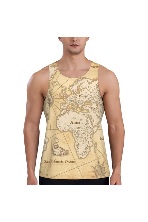 World Map Print Men's Workout Tank Top,Quick Dry Workout Tank Top,Gym Muscle Tee,Fitness Bodybuilding Sleeveless T Shirt-Large