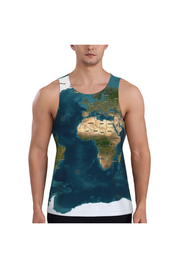 World Map Print Men's Workout Tank Top,Quick Dry Workout Tank Top,Gym Muscle Tee,Fitness Bodybuilding Sleeveless T Shirt-Large