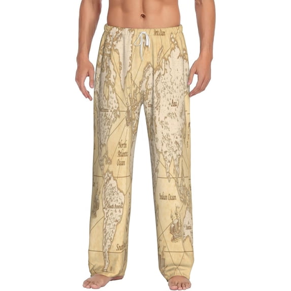 Logiee World Map Print Pajama Pants for Men,Men’s Pajama Bottoms,Mens PJ Pants with Pockets & Button Fly-Small