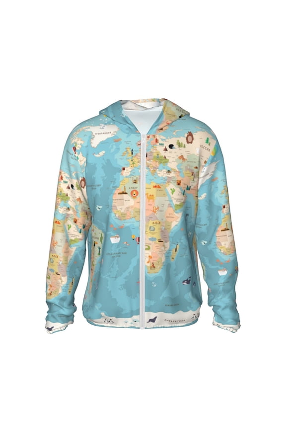 World Map With Animals 1 Print Men's Women Light Jacket Full Zip Sun Protection Hoodie Long Sleeve Sun Shirts for Men Hiking Fishing Zip Pockets-XX-Large