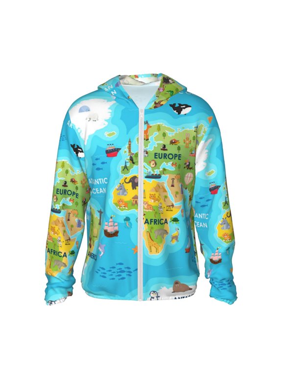 World Map With Animals Landmarks Print Men's Women Light Jacket Full Zip Sun Protection Hoodie Long Sleeve Sun Shirts for Men Hiking Fishing Zip Pockets-3X-Large